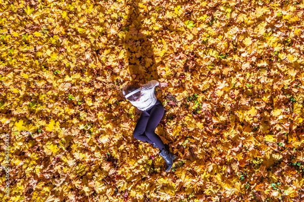 Fototapeta Top view. Beautiful happy young woman lying and relaxing on the autumn maple leaves in the park. Aerial, drone view