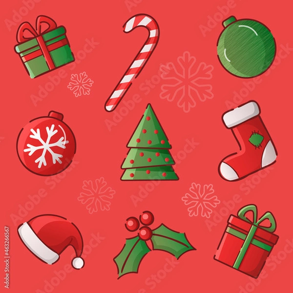 Fototapeta Merry Christmas set. Christmas balls, Christmas tree, boxes with gifts, Santa Claus hat, snowflakes on a red background. Merry Christmas and Happy New Year. Collection of Christmas symbols.