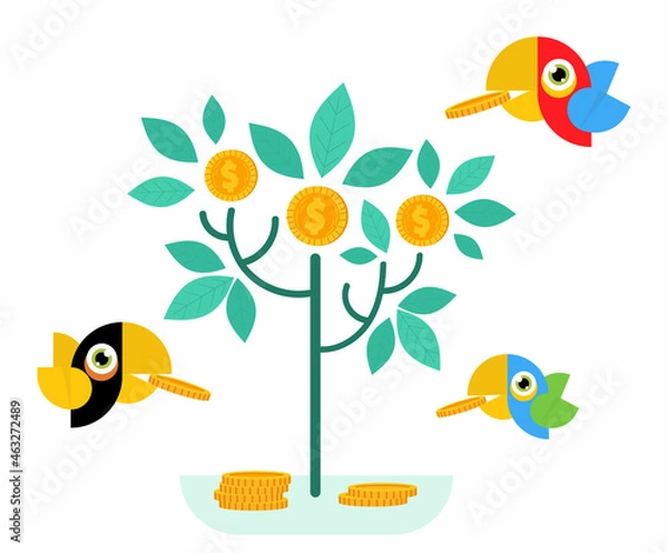 Obraz Investment growth tree vector illustration of income profit of a businessman money coins on a tree and a bird carries a coin. Cartoon flat commerce and business income concept.