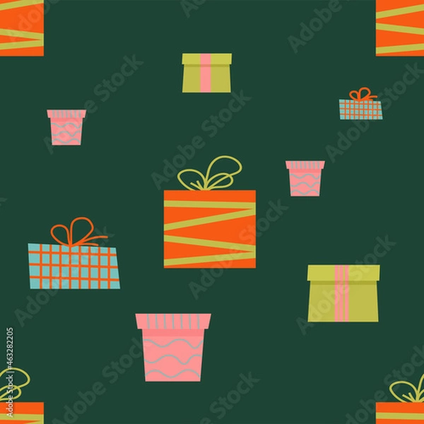 Fototapeta Seamless pattern with colorful flat present box. Holiday background with gift boxes for xmas or birthday illustration. New Year's and Christmas bright decor in cartoon style. 