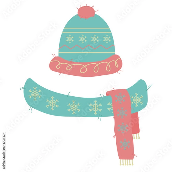 Obraz Hat and scarf with snowflakes
