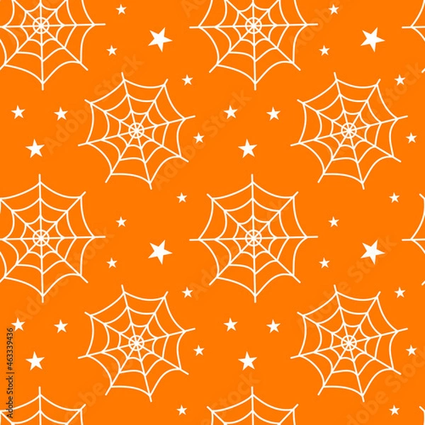 Fototapeta Halloween seamless pattern with white cobwebs on orange background. Flat vector illustration. Use for web, notepad, background, paper