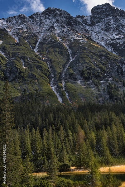 Obraz staw u podnóża gór