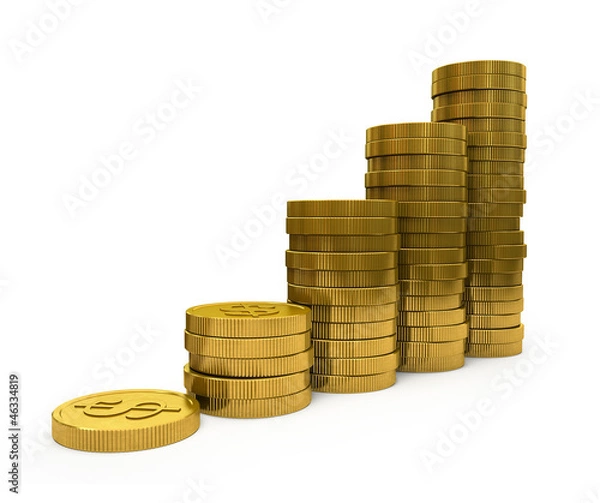 Fototapeta Business Graph with arrow and coins showing profits and gains