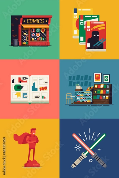 Fototapeta Vector flat square icons on comic books shop with store building, interior, opened graphic novel spread, abstract magazine covers, action and collectible scale figures, toys and merchandise