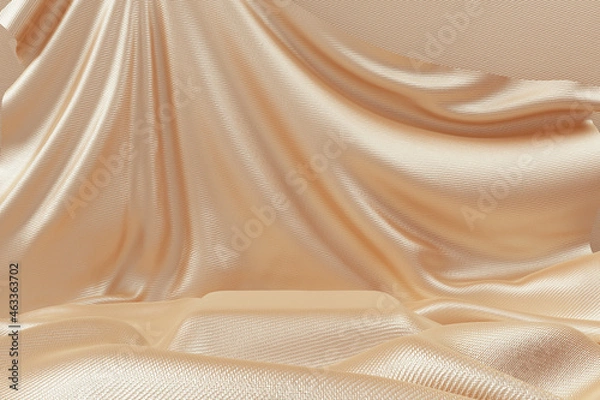 Fototapeta Cosmetic or fashion product display mockup. Fabric gold cloth texture pedestal, abstract showcase textile folds texture background 3d rendering. Object placement elegant podium for advertising banner.