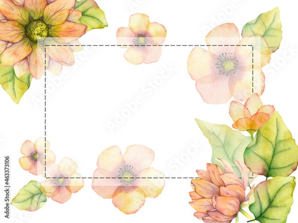 Fototapeta Rectangular frame with pink and yellow watercolor flowers for save the date invitations, RSVP, thank you cards
