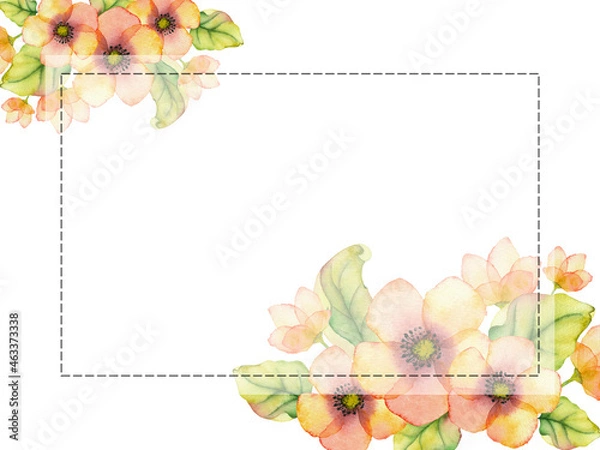 Fototapeta Rectangular frame with pink and yellow watercolor flowers for save the date invitations, RSVP, thank you cards