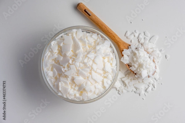 Fototapeta Set for crafting candle. Eco soy wax on white table. DIY candle. Hobby concept.