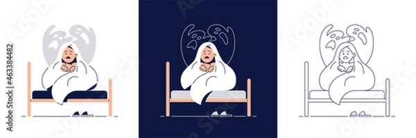Fototapeta Nightmares in Children vector illustration set. Scared boy hides under blanket from ghost, frightened of monster from bad dream.Childish fears, kids nightmares concept collection for web flat design