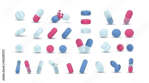 Fototapeta Pharmacy. Cartoon medicine drugs. Antibiotic and medical prescription pills. Round pharmacology cure chemistry. Tablets and capsules. Remedy treatment. Vector vitamins and painkillers set
