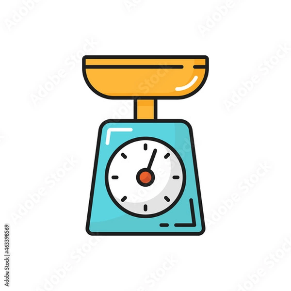 Fototapeta Kitchen scales food measuring device isolated color line icon. Vector weighing libra appliances, culinary measure tool. Food measuring device, kitchenware equipment, equilibrium ounce weight balance