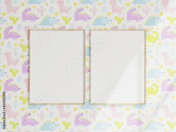 Fototapeta gallery mockup, poster mockup, wooden frames in kids room, 3d render