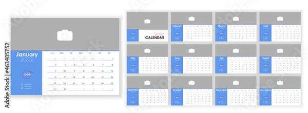 Fototapeta Desktop Monthly Photo Calendar 2022. Simple monthly horizontal photo calendar Design 2022 year in English. Cover Calendar and 12 months templates. Sunday week start. Vector illustration