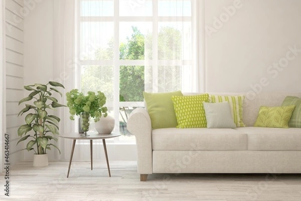 Obraz White living room with sofa and summer landscape in window. Scandinavian interior design. 3D illustration