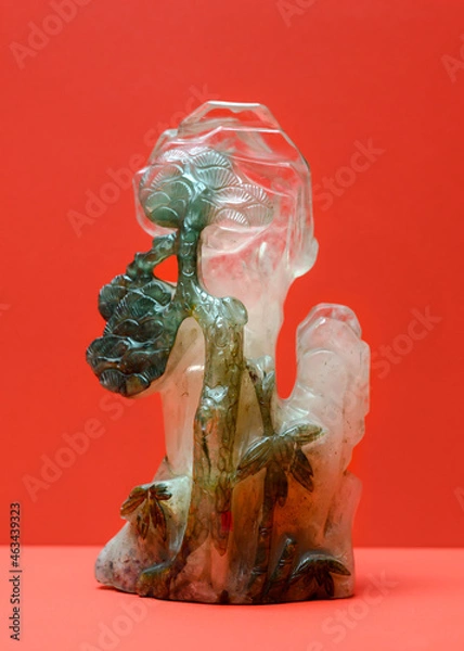 Fototapeta Chinese table decoration of the 18th century in the form of a rock, pine and bamboo made of rock crystal