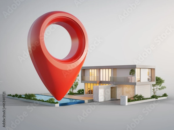 Fototapeta Modern house with location pin icon on white background in real estate sale or property investment concept. Buying land for new home. 3d illustration of big red map pointer symbol near small building.