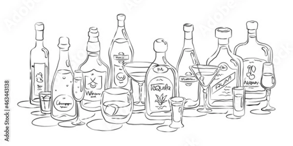 Fototapeta Group of bottles and glasses vodka, champagne, whiskey, vermouth, tequila, martini, rum, liquor in hand drawn style. Beverage outline icon. Line art sketch. Black contour object on white background