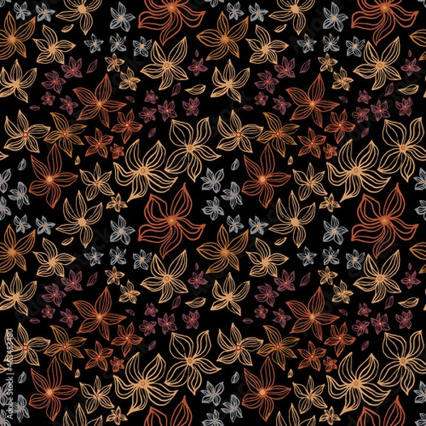 Fototapeta Abstract flowers vector seamless pattern with drawing yellow, gold, silver, red. Floral watercolor background and line art hand drawn illustration. Exotic flowering autumn texture