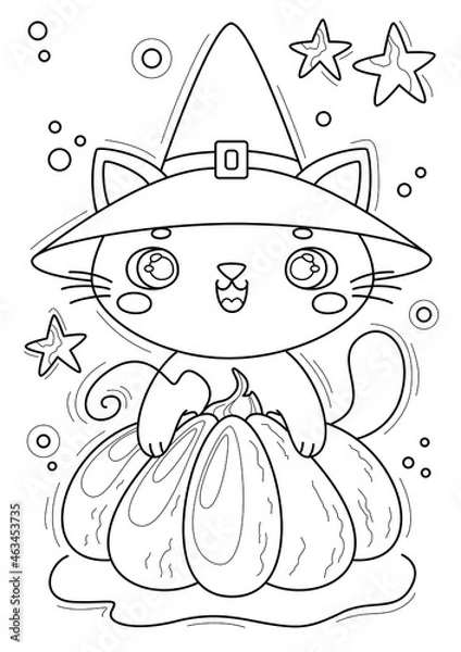 Obraz Coloring page with cat in a witch hat and pumpkin, hand-drawn vector illustration.
