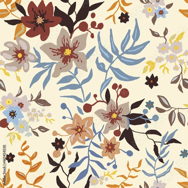 Fototapeta Tropical seamless floral pattern. Colorful graphic floral vector seamless pattern on light background. Stylized hand-painted garden lily and exotic flower texture. Fashionable foliage print. Vector