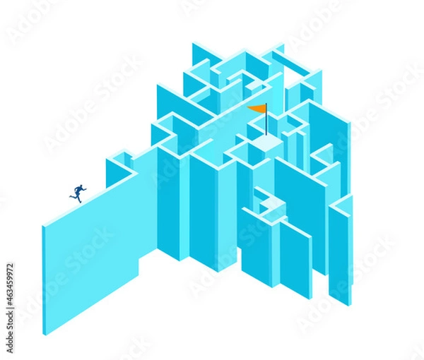 Fototapeta Isometric 3D business concept environment, Business people in maze, finding the way, solution, compete against each other