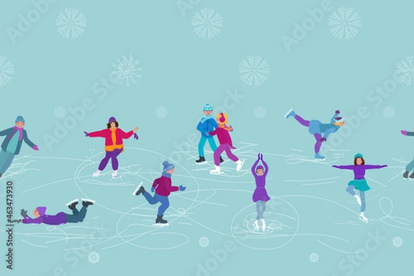 Fototapeta People skating. Horizontal seamless pattern. Winter repeating background. Vector illustration.