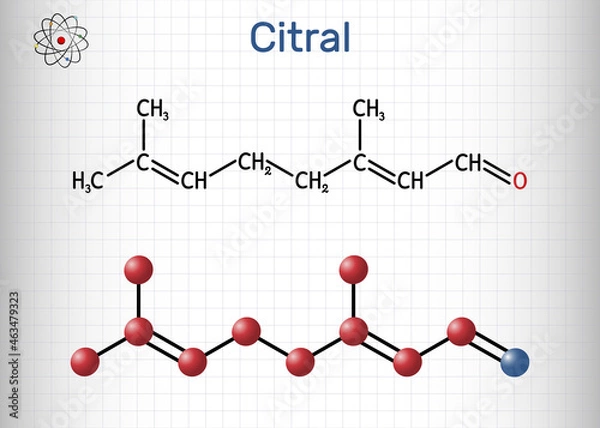 Fototapeta Citral, lemonal, geranial molecule. A volatile oil component, used to make other chemicals. Structural chemical formula and molecule model. Sheet of paper in a cage