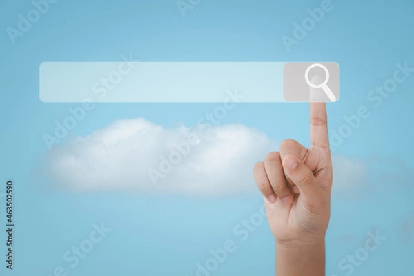 Obraz Search engine for data Information networking searching concept, Business women  clicking internet search page on computer touch screen on cloud space background.