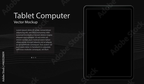 Obraz Tablet computer vector mockup template with black screen and dark colored abstract background.