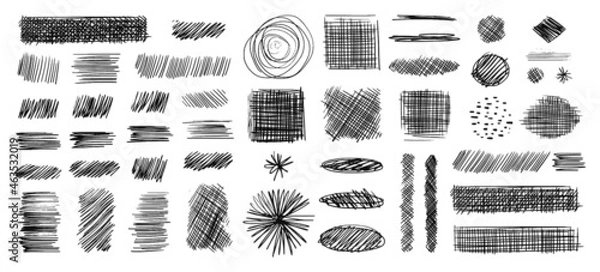 Obraz A collection of crossed strokes of different scribble shapes, ovals, squares or rectangles. A set of dashed underline and highlighter lines. Diagonal, vertical or parallel vector lines.