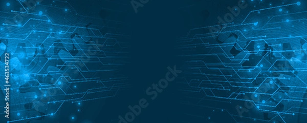 Fototapeta A blue banner of old technology and new using computer circuits and old machine cogs	