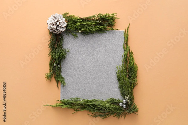 Obraz Composition with blank card and coniferous branches on color background