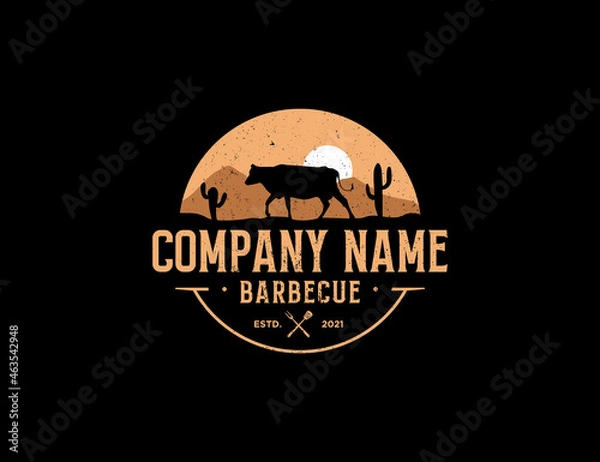 Fototapeta Barbecue logo with theme of desert and cactus badge style