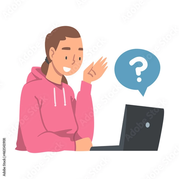 Obraz Young Woman Character Asking Question Using Internet Search System on Her Laptop Vector Illustration