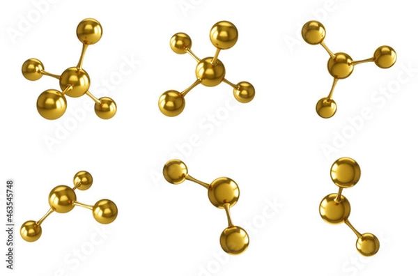 Fototapeta 3D Rendering Set of Golden Atom Molecule Structure isolated on white background