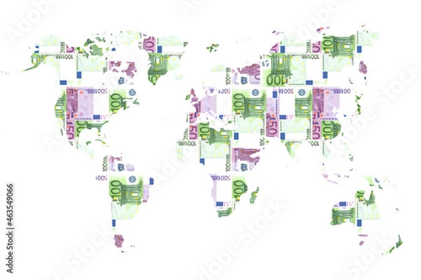 Fototapeta World map. 100 and 500 Euro texture. White background.