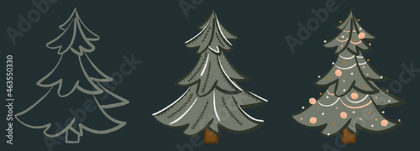 Obraz Christmas tree set. Festive fir with toys and snow. Hand-drawn flat vector illustration isolated.