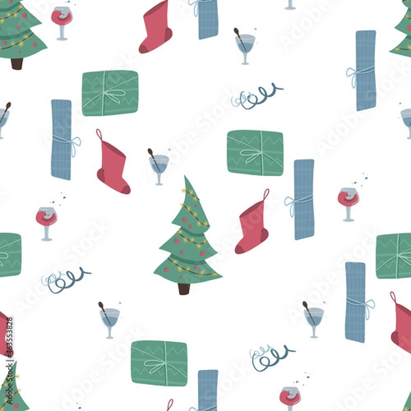 Fototapeta Seamless pattern in cartoon style. Christmas or New Year theme. Flat vector illustration for postcards, gift paper, printing on fabric
