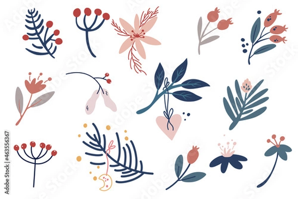Fototapeta Christmas twigs set. Winter floral elements. Hand draw branches, berries and leaves. Holiday decoration for wallpaper, clothing, packaging invitations, posters. Vector illustration