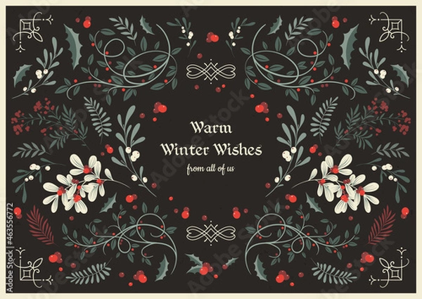 Fototapeta Vector template of vintage Christmas greeting card. Winter foliage composition with delicate botanical decor and inscription. Warm winter wishes
