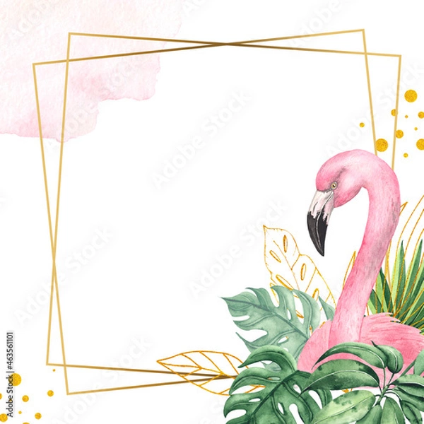 Obraz Watercolor hand painted tropical frame with green palm leaves, flowers, flamingo, golden line elements