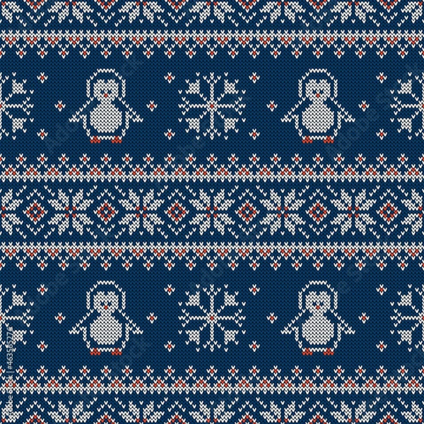 Obraz Knitted seamless pattern with penguins and scandinavian ornament. Sweater background.