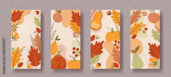 Fototapeta Set of vertical social media backgrounds with autumn ornaments. Pumpkins, berries, leaves and fruits.