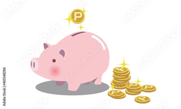Fototapeta ピンクの豚の貯金箱にポイントを投入する