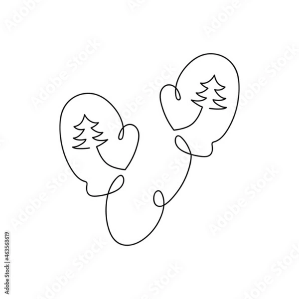 Fototapeta Continuous line drawing of mittens. Hand drawn christmas mittens on a rope with a pattern isolated on white background. Linear style. Vector illustration.