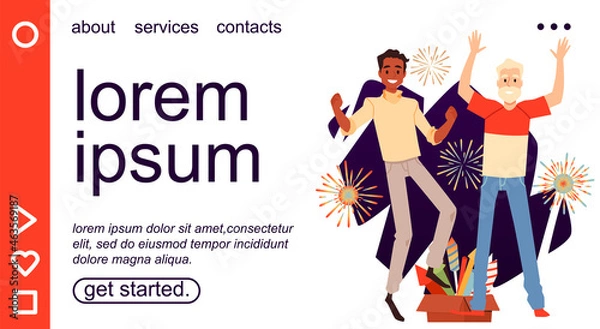 Fototapeta Website banner with happy men rejoice at fireworks, flat vector illustration.