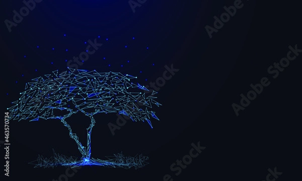 Fototapeta Blue cyber polygon tree with futuristic element, concept of network connection technology or big data, business vector