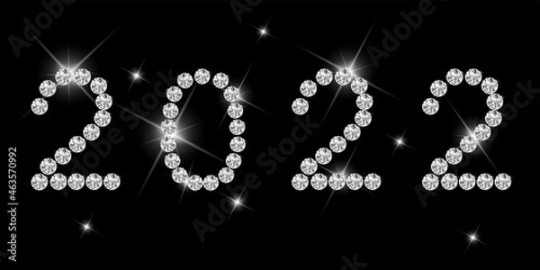 Fototapeta Vector. Gold numbers with diamonds, precious stones on a black background. Luxury elegant Christmas 2022 greeting card, banner, party invitation for jewelry stores, beauty salons, for women.