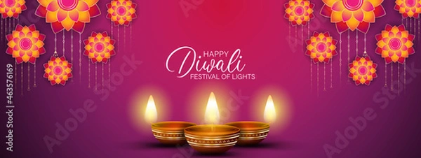 Obraz Happy Diwali - festival of lights colorful banner template design with decorative diya lamp.